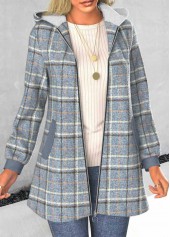 Dusty Blue tops,Plaid tops,Striped tops,ROTITA Zipper Plaid Dusty Blue Hooded Long Sleeve Coat