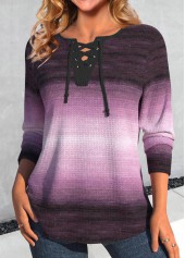Purple tops,Ombre tops,ROTITA Lace Up Ombre Purple Long Sleeve T Shirt