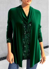 Schwarzgrünes Rotita-Pailletten-Langarm-T-Shirt mit Wasserfallausschnitt