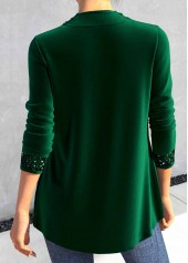 Blackish Green tops,Plain Color tops,ROTITA Sequin Blackish Green Cowl Neck Long Sleeve T Shirt
