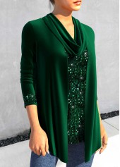 Blackish Green tops,Plain Color tops,ROTITA Sequin Blackish Green Cowl Neck Long Sleeve T Shirt