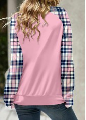 Light Pink tops,Plaid tops,Striped tops,ROTITA Lace Up Plaid Light Pink Round Neck Sweatshirt