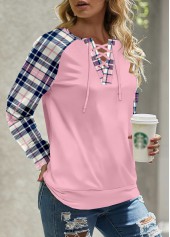 Light Pink tops,Plaid tops,Striped tops,ROTITA Lace Up Plaid Light Pink Round Neck Sweatshirt
