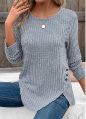 Dusty Blue tops,Plain Color tops,Split Dusty Blue Round Neck Long Sleeve T Shirt