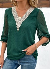 Blackish Green tops,Contrast Color tops,Patchwork Green V Neck Long Sleeve Blouse