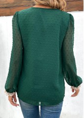 Blackish Green tops,Contrast Color tops,Patchwork Green V Neck Long Sleeve Blouse