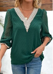 Patchwork Green V Neck Long Sleeve Blouse
