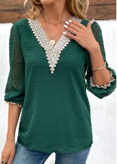 Blackish Green tops,Contrast Color tops,Patchwork Green V Neck Long Sleeve Blouse