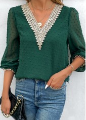 Blackish Green tops,Contrast Color tops,Patchwork Green V Neck Long Sleeve Blouse