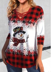 Red tops,Christmas tops,ROTITA Criss Cross Snowman Print Red V Neck T Shirt