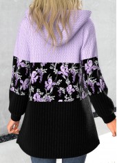 Light Purple tops,Black tops,Floral tops,Plants tops,ROTITA Patchwork Floral Print Light Purple Hooded Long Sleeve Coat