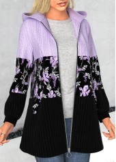 Light Purple tops,Black tops,Floral tops,Plants tops,ROTITA Patchwork Floral Print Light Purple Hooded Long Sleeve Coat