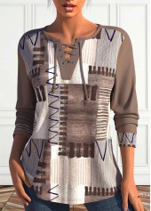 ROTITA Plus Size Lace Up Light Coffee Geometric Print Sweatshirt