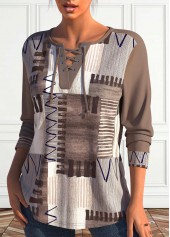 Light Coffee plus size,Geometric plus size,Striped plus size,ROTITA Plus Size Lace Up Light Coffee Geometric Print Sweatshirt