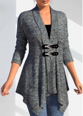 Dark Grey tops,Plain Color tops,ROTITA Button Dark Grey Turn Down Collar Long Sleeve Coat