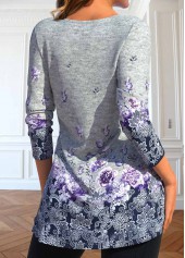 Grey tops,Floral tops,Dot tops,ROTITA Button Floral Print Grey Heart Collar T Shirt
