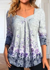 ROTITA Button Floral Print Grey Heart Collar T Shirt
