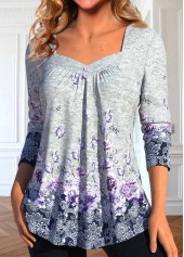 Grey tops,Floral tops,Dot tops,ROTITA Button Floral Print Grey Heart Collar T Shirt