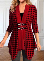Wine Red tops,Plaid tops,Houndstooth tops,Striped tops,Geometric tops,ROTITA Patchwork Plaid Wine Red Turn Down Collar Coat