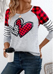 Grey tops,Plaid tops,Striped tops,Geometric tops,Heart tops,ROTITA Patchwork Plaid Grey Round Neck Long Sleeve T Shirt