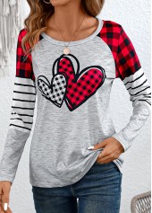 Grey tops,Plaid tops,Striped tops,Geometric tops,Heart tops,ROTITA Patchwork Plaid Grey Round Neck Long Sleeve T Shirt