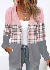 Light Pink tops,Grey tops,Plaid tops,Striped tops,Geometric tops,ROTITA Patchwork Plaid Light Pink Long Sleeve Hoodie