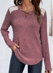 Dark Reddish Purple tops,Plain Color tops,ROTITA Lace Dark Reddish Purple Round Neck T Shirt