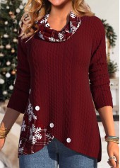 Deep Red tops,Christmas tops,Geometric tops,Striped tops,Plaid tops,ROTITA Christmas Button Snowflake Print Deep Red Cowl Neck Sweatshirt