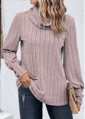 Light Purple tops,Plain Color tops,ROTITA Button Light Purple Cowl Neck Long Sleeve Sweatshirt