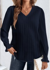 Navy tops,Plain Color tops,ROTITA Smocked Navy V Neck Long Sleeve Blouse