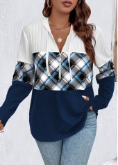 Navy plus size,White plus size,Plaid plus size,Striped plus size,Geometric plus size,ROTITA Plus Size Zipper Navy Plaid Long Sleeve Hoodie