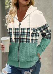 Green tops,Plaid tops,Striped tops,ROTITA Patchwork Plaid Green Long Sleeve Hoodie