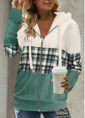 Green tops,Plaid tops,Striped tops,ROTITA Patchwork Plaid Green Long Sleeve Hoodie