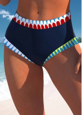 Navy swimwear,Tribal swimwear,Striped swimwear,Geometric swimwear,ROTITA Patchwork Navy Tribal Print Mid Waisted Bikini Set