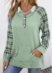 Sage Green tops,Plaid tops,Striped tops,Geometric tops,ROTITA Pocket Plaid Sage Green Long Sleeve Hoodie