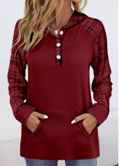 Rotita Pocket Plaid Weinroter Langarm-Kapuzenpullover