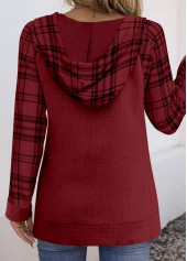 Wine Red tops,Plaid tops,Striped tops,Geometric tops,ROTITA Pocket Plaid Wine Red Long Sleeve Hoodie