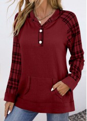 Wine Red tops,Plaid tops,Striped tops,Geometric tops,ROTITA Pocket Plaid Wine Red Long Sleeve Hoodie