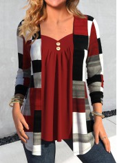 Rotita – Geometrischer Druck Weinrot Fake-Zweiteiler Twinset