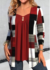 Wine Red tops,Dark Grey tops,Geometric tops,Plaid tops,Striped tops,ROTITA Geometric Print Wine Red Fake Two Piece Twinset