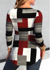 Wine Red tops,Dark Grey tops,Geometric tops,Plaid tops,Striped tops,ROTITA Geometric Print Wine Red Fake Two Piece Twinset