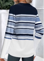Navy tops,Dusty Blue tops,Striped tops,ROTITA Patchwork Striped Navy Asymmetrical Neck Long Sleeve T Shirt