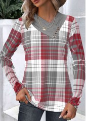 Wine Red tops,Plaid tops,Geometric tops,Striped tops,ROTITA Patchwork Plaid Wine Red Asymmetrical Neck Long Sleeve Sweatshirt