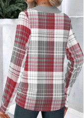 Wine Red tops,Plaid tops,Geometric tops,Striped tops,ROTITA Patchwork Plaid Wine Red Asymmetrical Neck Long Sleeve Sweatshirt