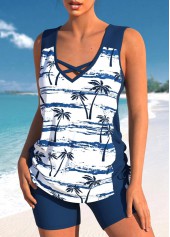 Navy swimwear,White swimwear,Plants swimwear,Striped swimwear,ROTITA Plus Size High Waisted Criss Cross Navy Tankini Set