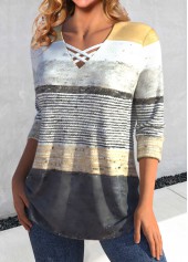 Grey tops,Striped tops,Geometric tops,ROTITA Criss Cross Striped Grey V Neck T Shirt