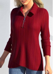Red tops,Plain Color tops,ROTITA Zipper Red Polo Collar Long Sleeve T Shirt