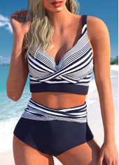 ensemble de bikini taille haute à rayures bleu marine surplis rotita