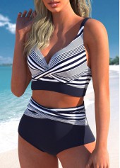 Navy swimwear,White swimwear,Striped swimwear,Geometric swimwear,ROTITA Surplice Navy Striped High Waisted Bikini Set