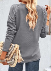 Grey tops,Plain Color tops,ROTITA Patchwork Grey V Neck Long Sleeve T Shirt